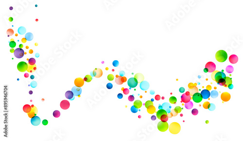 A dynamic array of translucent, multicolored bubbles soars across a white background, creating a lively and vibrant abstract scene.