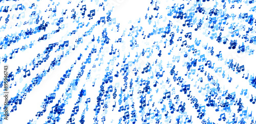 A sweeping banner of music notes in varying shades of blue, giving a sense of movement and the free-flowing nature of music across a white panoramic background.
