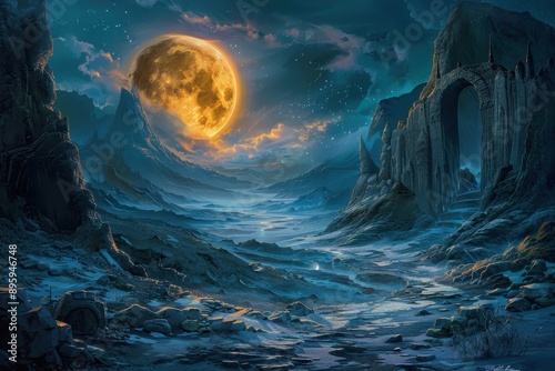 Mystical moonlit landscape with ancient ruins