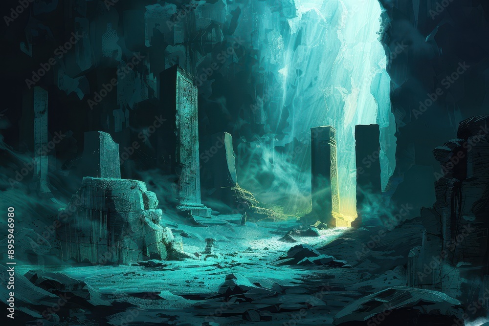 Ancient Temple Ruins Illuminated by Glowing Light in Cave Ancient Temple Ruins Illuminated by Glowing Light in Cave