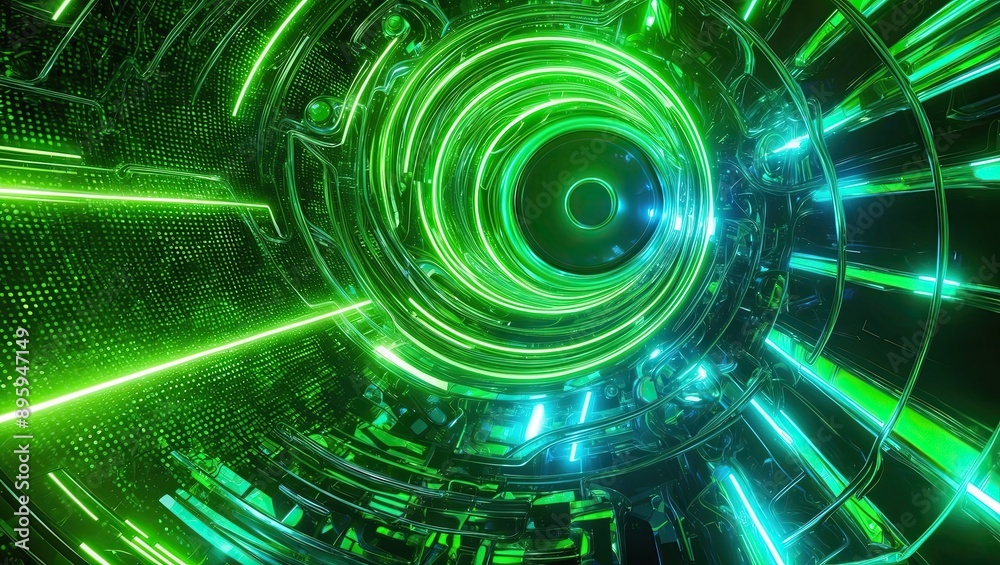 Obraz premium A futuristic digital art piece featuring a mesmerizing background of vibrant green Techno dots