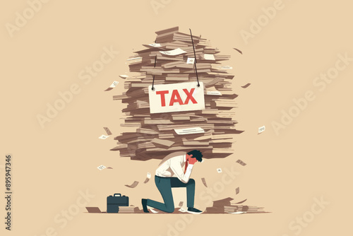 Overwhelmed By Tax Paperwork and Financial Stress Concept Illustration