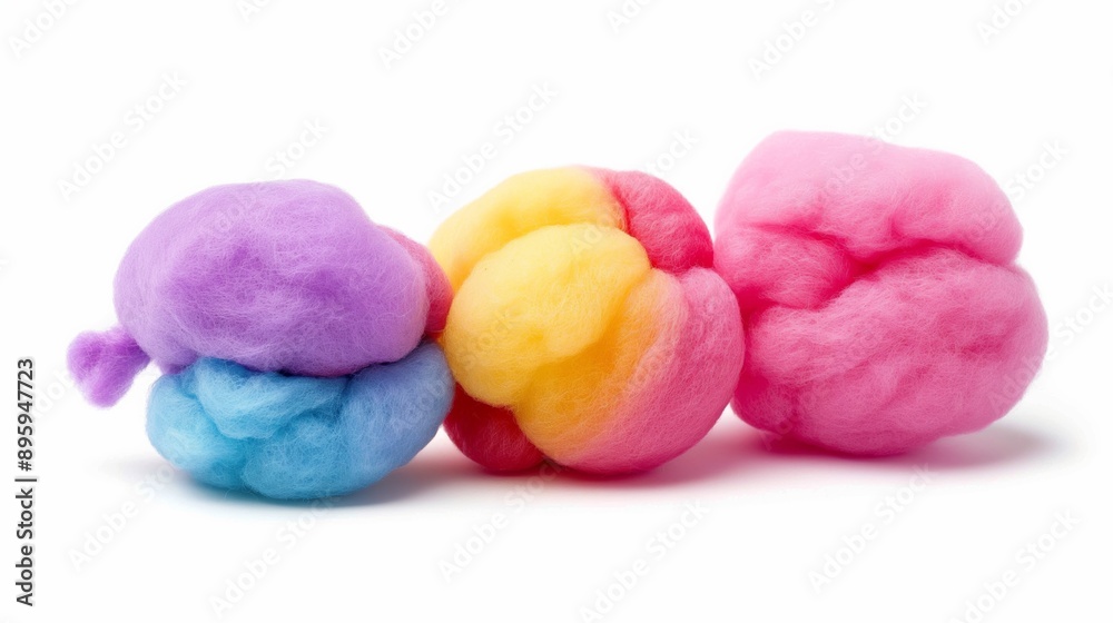 Three colorful balls of yarn are piled on top of each other. The colors are purple, yellow, and pink Three colorful balls of yarn are piled on top of each other. The colors are purple, yellow, and pink