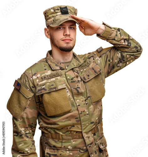 Photo of soldier doing salute pose military person human. photo