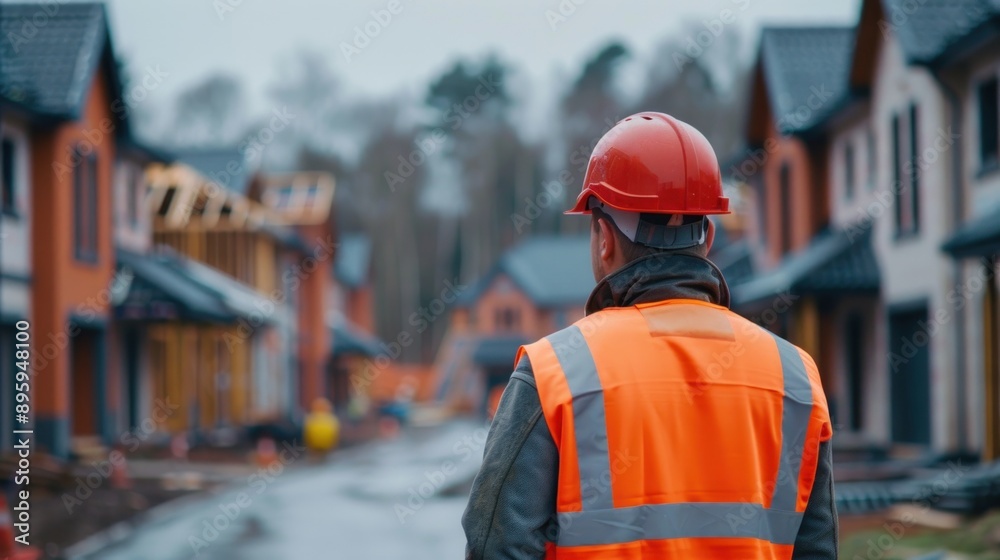 Obraz premium An engineer supervises the construction of a new housing development wearing a reflective vest and helmet The background showcases the framework of several houses in progress The scene captures the