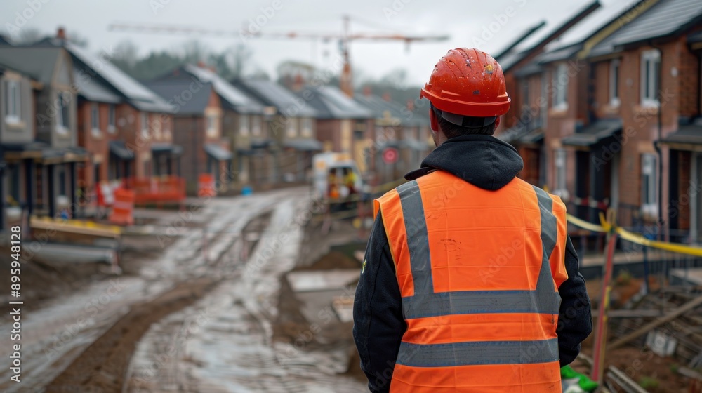 An engineer supervises the construction of a new housing development wearing a reflective vest and helmet The background showcases the framework of several houses in progress The scene captures the An engineer supervises the construction of a new housing development wearing a reflective vest and helmet The background showcases the framework of several houses in progress The scene captures the