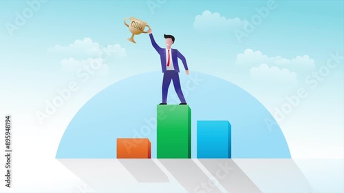 Animation of man raises trophy on podium with view of cloudy blue sky. Motion graphic video illustration