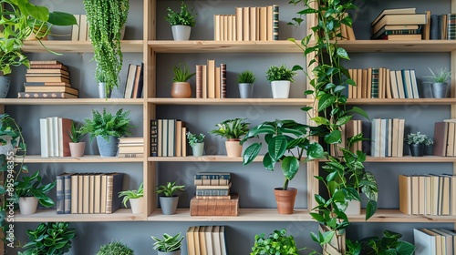 Stylish wooden bookshelf with various books and green plants in pots, creating a cozy atmosphere in a modern interior design © ALEXSTUDIO
