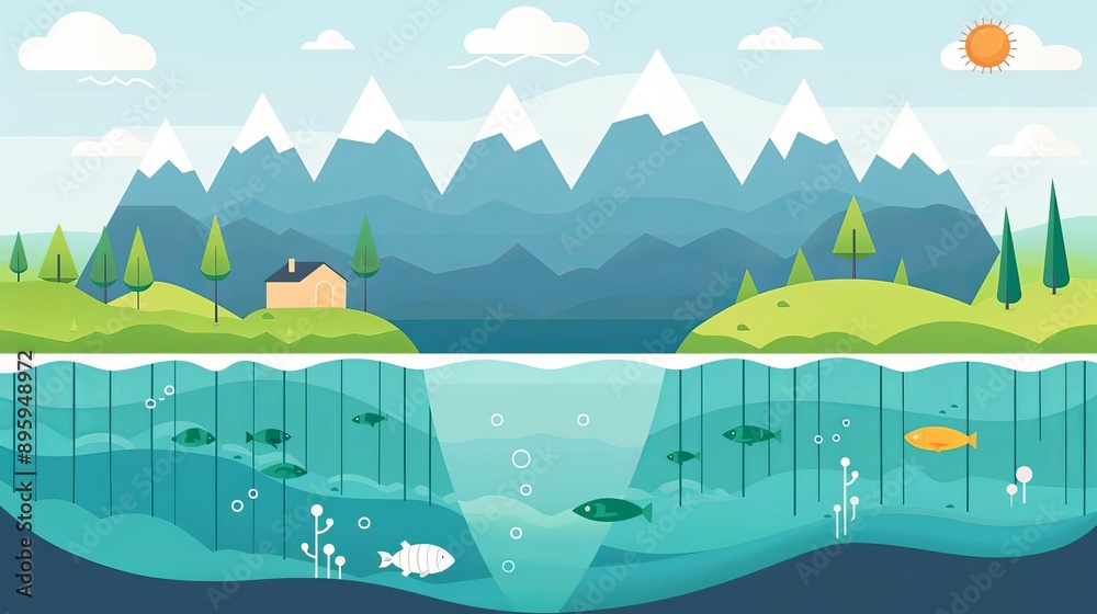 Fototapeta premium Marine ecosystem impact, resource extraction levels, flat design illustration