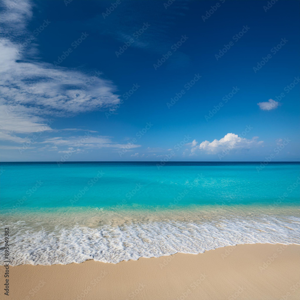 Fototapeta premium 美しいビーチが広がり、透き通った青い海が穏やかに波打っています。背景には青い空と白い雲が広がり、平和でリラックスした雰囲気が漂っています。晴天の下で自然の美しさが際立っています。generative AI