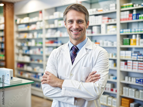 Pharmacist male standing with arms crossed in a modern, well-organized pharmacy