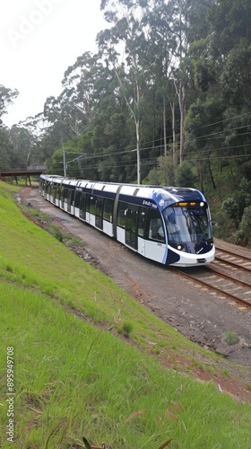 A blue passenger train travels along a track through a forest landscape. A red metal bridge is visible in the distance. The sky is bright blue with white clouds