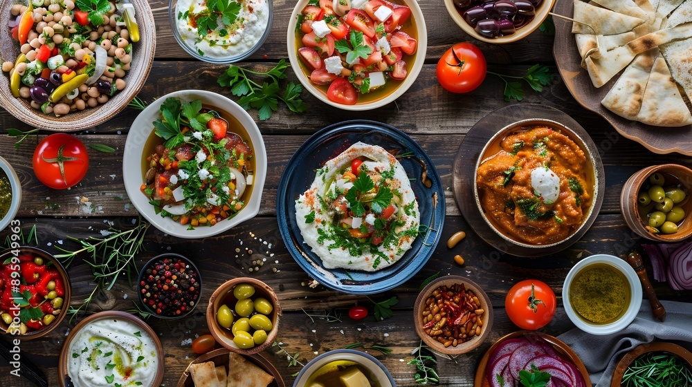 Vibrant Mediterranean Mezze Spread on Rustic Wooden Table Vibrant Mediterranean Mezze Spread on Rustic Wooden Table