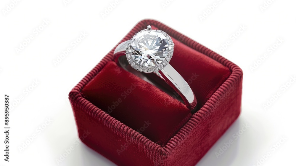 Elegant platinum engagement ring with a large diamond, in a rich red velvet box isolated on white.