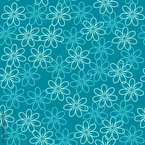 Seamless vector pattern of simple stylized flowers of different azure colors on a dark blue background for wallpapers, textiles, banners, cards, and wrapping paper.