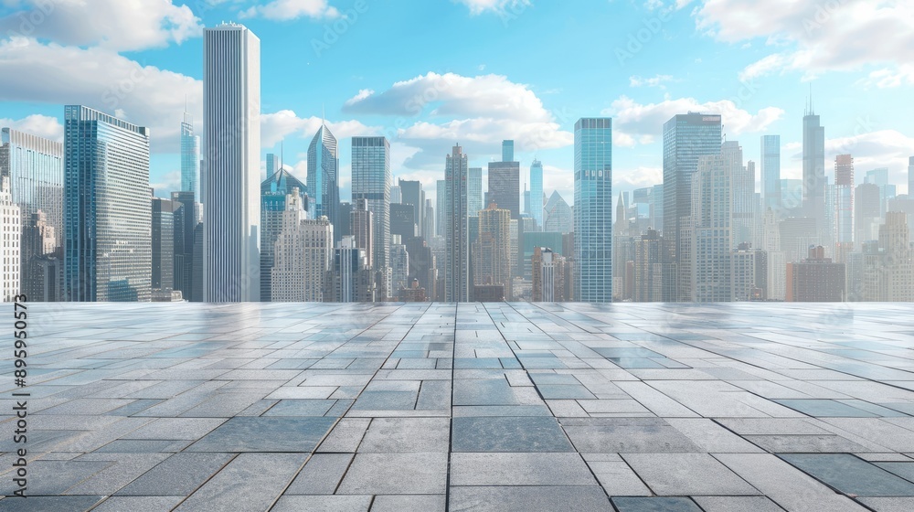 Empty square floor facing a modern city skyline with tall buildings. Great for urban themes and architectural visuals. Empty square floor facing a modern city skyline with tall buildings. Great for urban themes and architectural visuals.
