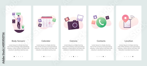 Mobile app onboarding screens. Web site design flat illustration. Menu vector banner template for website and mobile development. Access Body Sensors. Access Calendar. Access Camera. Access Contact