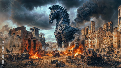 Colossal Trojan horse amid burning ruins of Troy. Ancient city ablaze, dark smoky sky. Dramatic scene of mythical war aftermath.