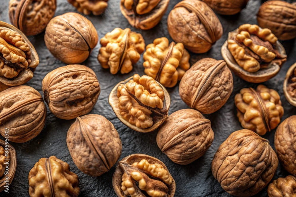 Top view of walnuts on a plain backdrop Top view of walnuts on a plain backdrop