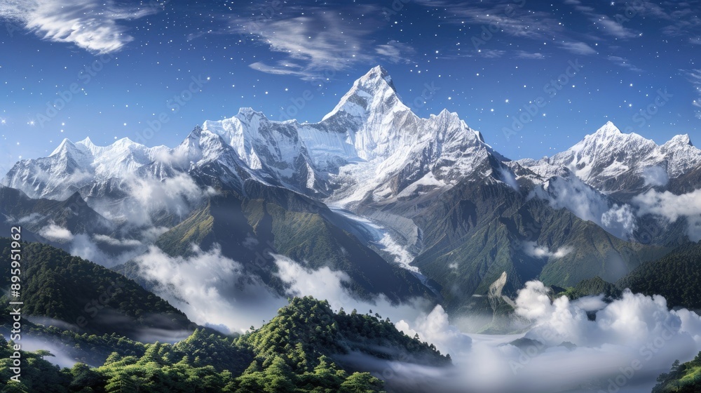 A crescent moon hangs in the night sky above a snow-capped mountain range, illuminating the green rolling hills and valleys below