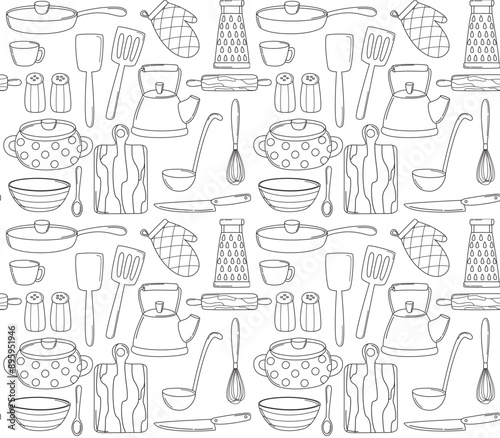 Seamless pattern with kitchen utensil and cookware. Vector background in doodle style