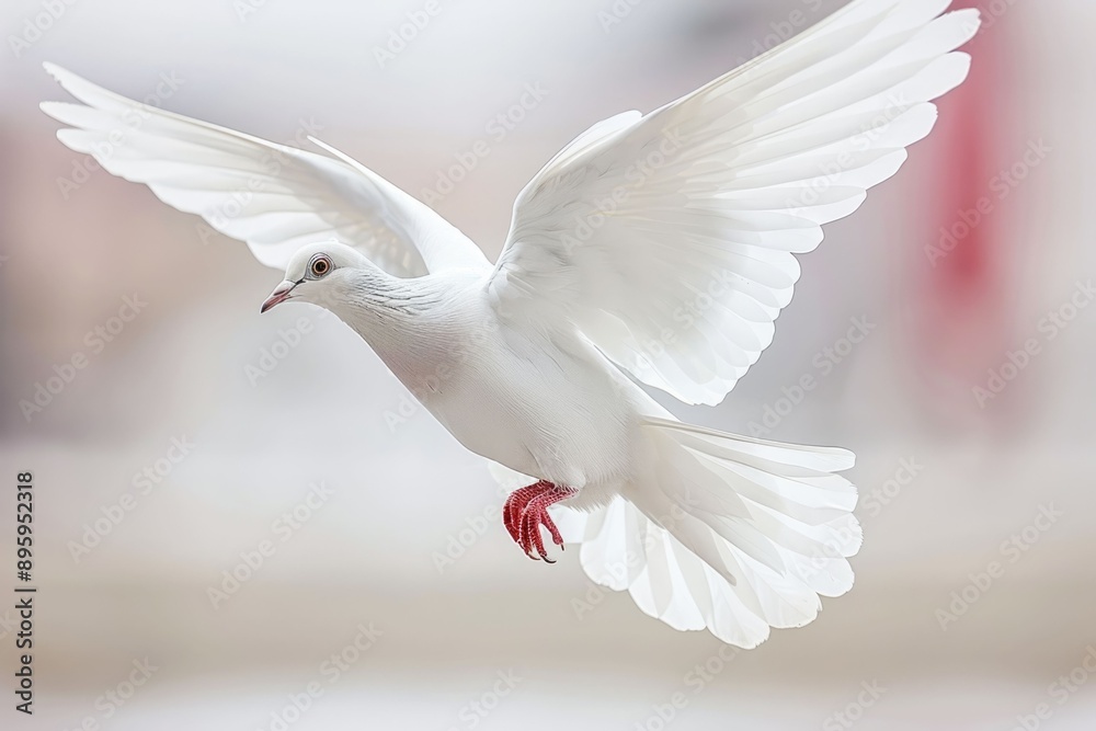 Obraz premium Dove flying with open wings in front of the sun