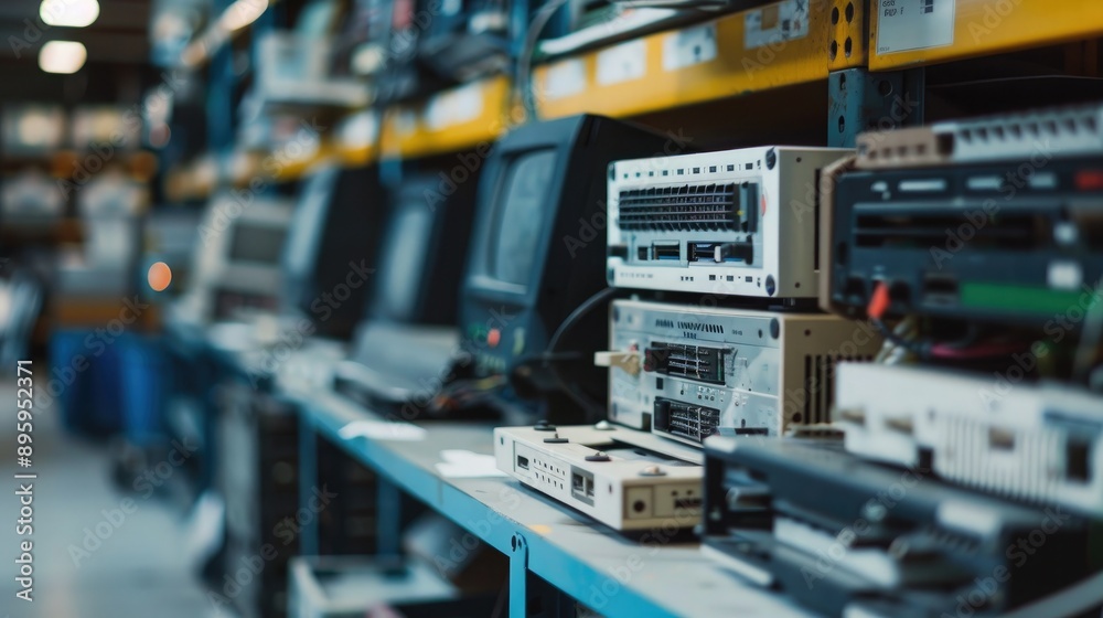 A computer recycling plant where old electronics are disassembled and recycled to recover valuable metals and components.