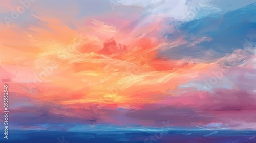 Twilight sky with colorful hues of orange, pink, and red, dramatic storm clouds, and a golden summer horizon.