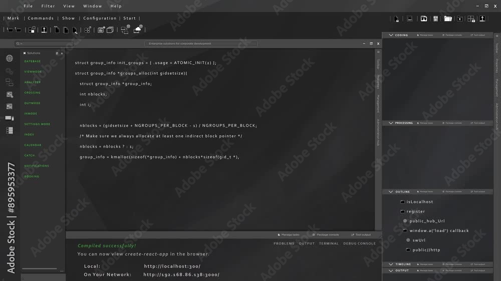 Interactive user interface designed for computer scientists, showcasing animated code in JavaScript programming language. 3D rendering of coding software UI used by engineers doing debugging