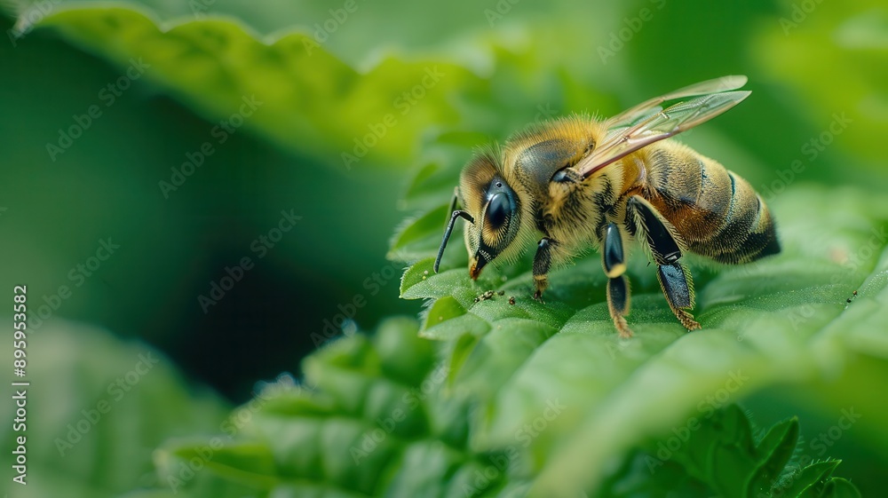 Closeup of a bee collecting pollen on a bright green leaf, displaying its fuzzy body and detailed wings, insect, pollination in action