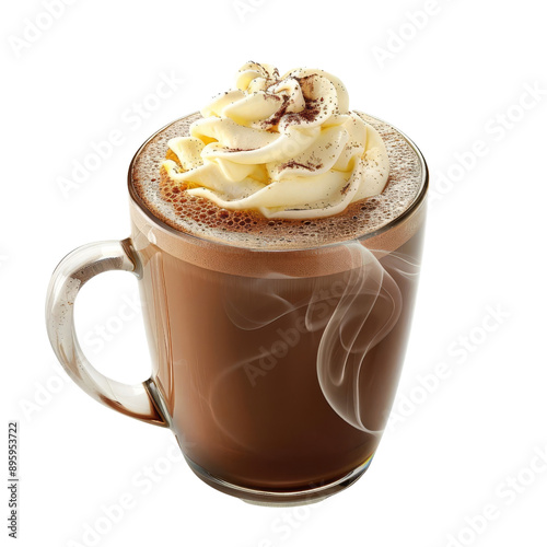 Steaming hot chocolate topped with whipped cream in a clear mug. Perfect cozy beverage for cold days or a comforting treat.