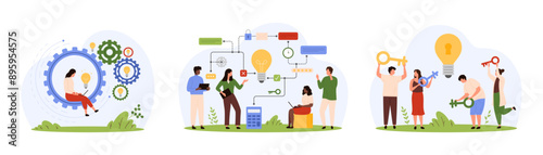 Success business solution research, strategic planning set. Tiny people discuss and customize creative ideas on project scheme, work with light bulb lock and key, gears cartoon vector illustration