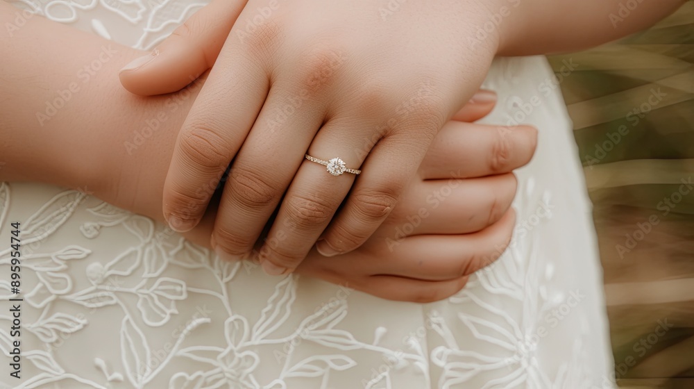 A woman's hand displays a sparkling diamond engagement ring on her ring finger A woman's hand displays a sparkling diamond engagement ring on her ring finger