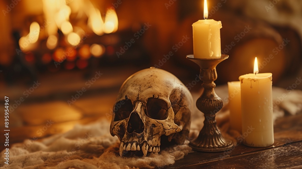 Mystical Halloween still-life background. Skull, candlestick with candles, old fireplace. Horror and witchery.