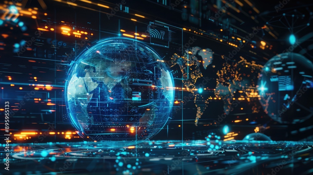 A futuristic background with a holographic globe and digital overlays.