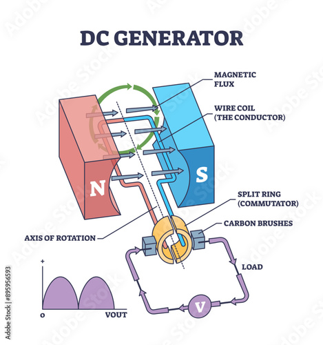DC generator work principle with device mechanical structure outline diagram, transparent background. Labeled educational scheme with physical magnetic flux.