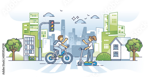 Micromobility as sustainable urban transportation method outline concept, transparent background. Environmental and nature friendly daily bicycle.