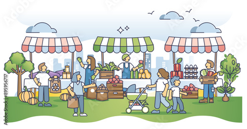 Farmers market and fresh grocery shopping from bazaar outline concept, transparent background. Direct product purchase from peasant as modern, sustainable and nature friendly lifestyle illustration.