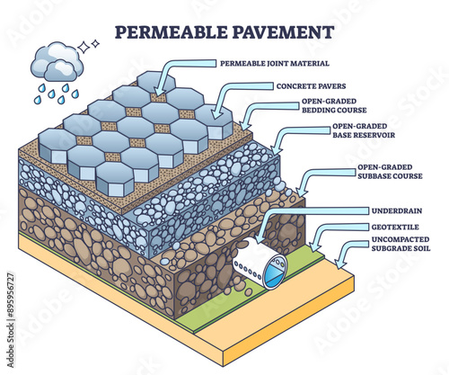 Permeable pavement as porous material usage for road layers outline diagram, transparent background. Labeled educational scheme with flow through ground structure for stormwater.