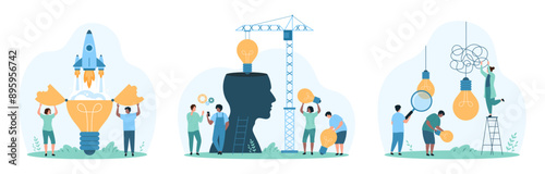 Business project launch, creative idea research and startup development, improvement with AI set. Tiny people start rocket from open light bulb, load lamps into head cartoon vector illustration