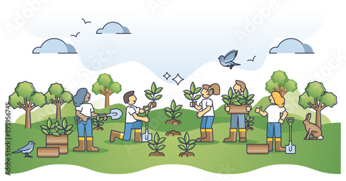 Reforestation project and tree plant environmental volunteers outline concept, transparent background. Work with organic seedling and forest cultivation.