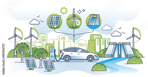 Renewable energy technologies and sustainable resource usage outline concept, transparent background. Solar panels, wind turbines and hydroelectric station.