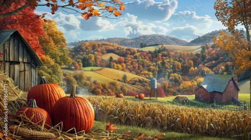 A charming autumn harvest scene with farmers gathering ripe pumpkins and corn, set against a backdrop of rolling hills covered in colorful fall foliage