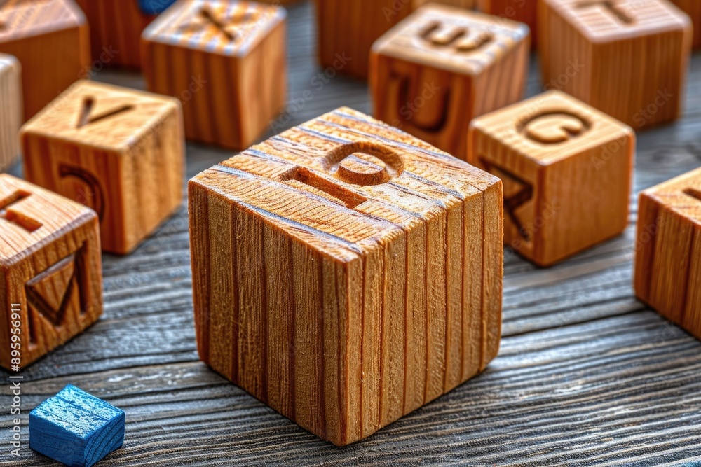Wooden block literacy concept with random letters on background. Wooden block literacy concept with random letters on background.