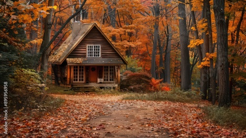 A charming autumn scene with a cozy cabin nestled among trees in full fall color, with a blanket of fallen leaves creating a picturesque setting