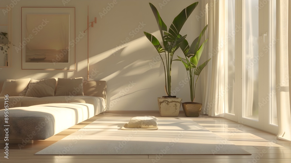 Minimalist Living Room with Soft Natural Light and Potted Plant - Tranquil and Serene Domestic Minimalist Living Room with Soft Natural Light and Potted Plant - Tranquil and Serene Domestic