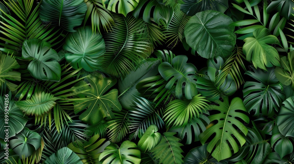 A close-up a variety of lush green tropical leaves in a seamless pattern SEAMLESS PATTERN