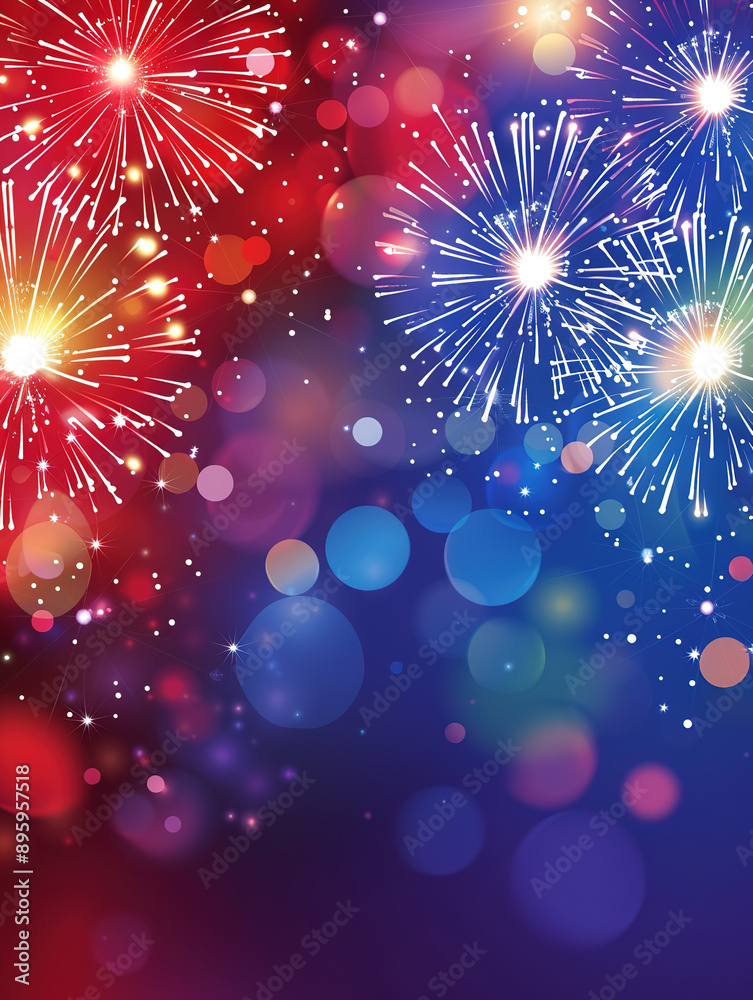 Fototapeta premium Colorful fireworks background illustration blooming in the blue night sky