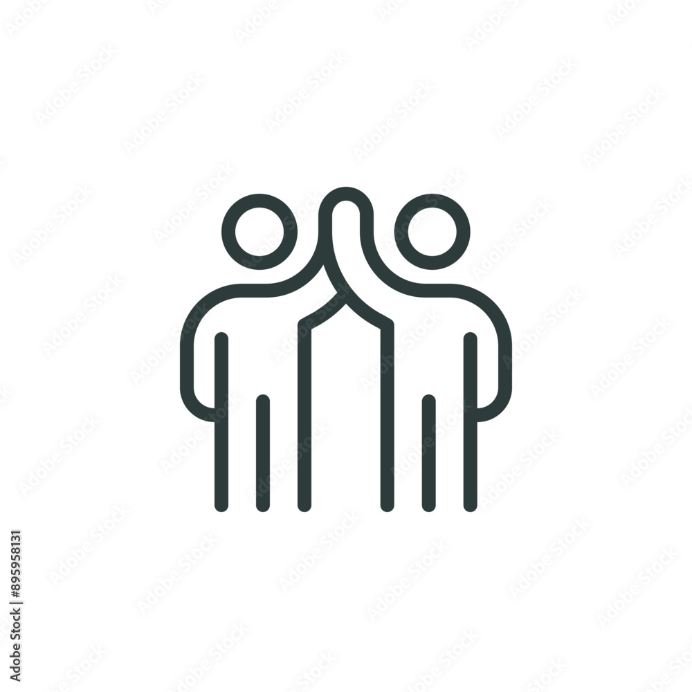 Outline icon two people together holding hands with their hands raised up. Line sign friendly greeting, volunteers, teamwork and support. Vector isolated pictogram on white background editable stroke. Outline icon two people together holding hands with their hands raised up. Line sign friendly greeting, volunteers, teamwork and support. Vector isolated pictogram on white background editable stroke.