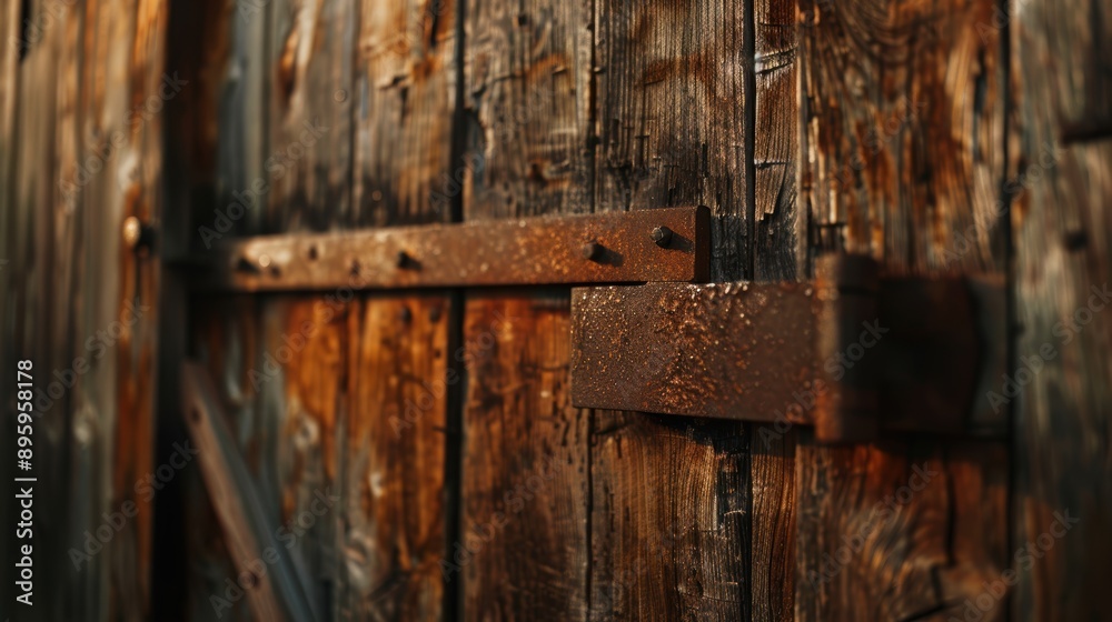 Rusty door hinge is securing weathered wooden gate together, showing passage of time Rusty door hinge is securing weathered wooden gate together, showing passage of time